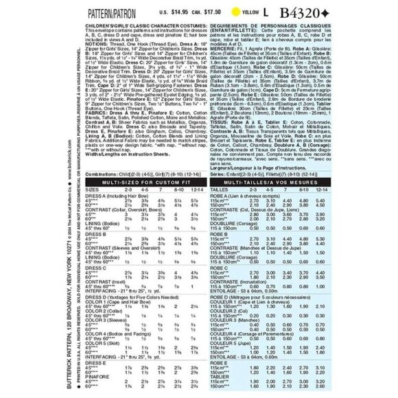 Butterick Sewing Pattern 4320 Girls Costumes Size 7-14 - Picture 3 of 3